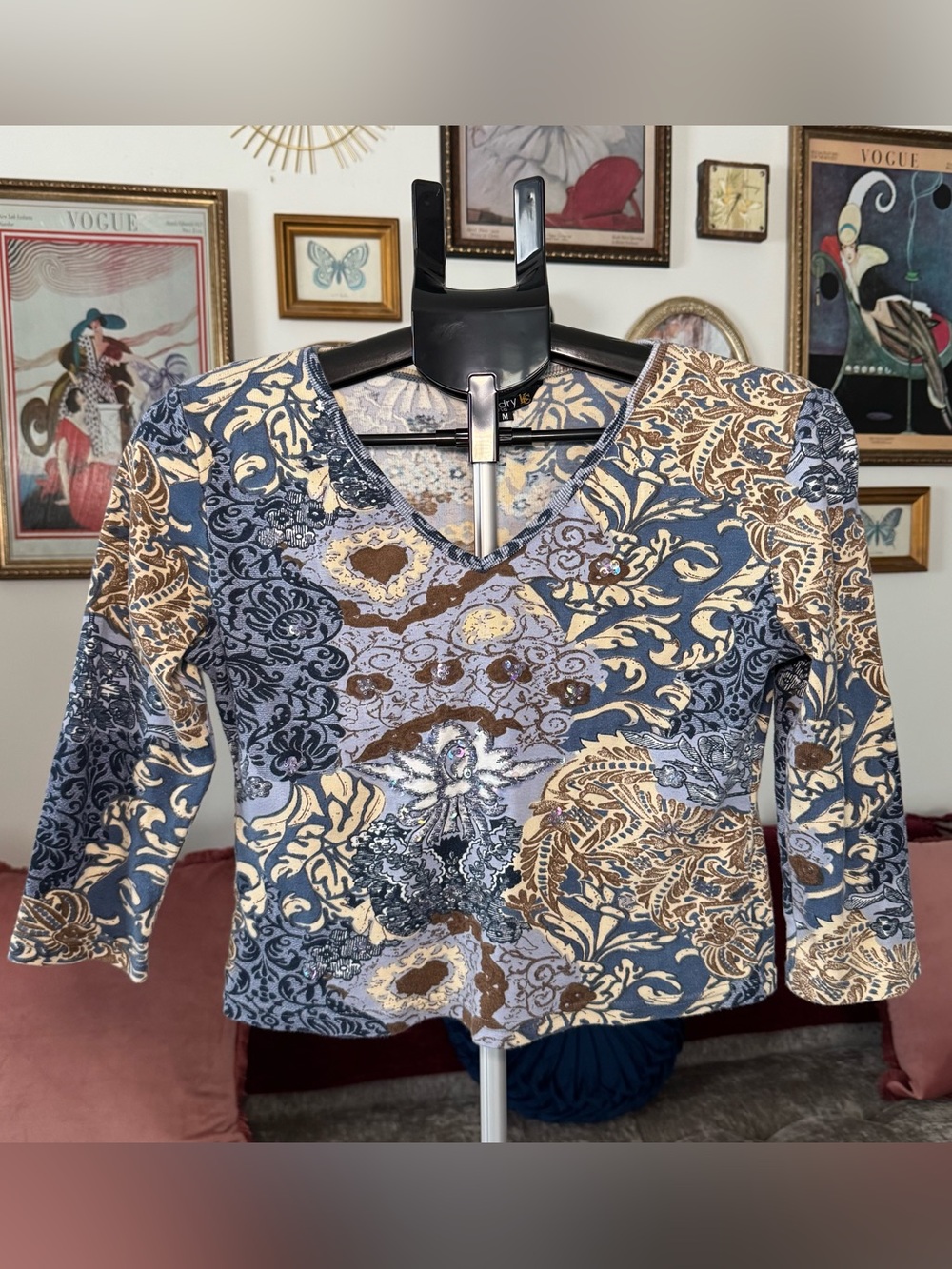 Paisley V‑Neck Long Sleeve Top with Rhinestone Details